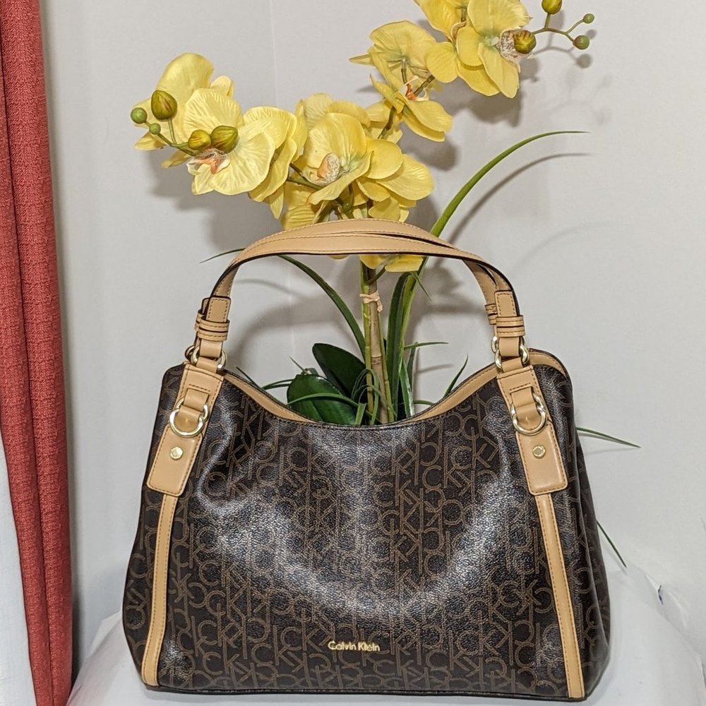 Calvin Klein Signature Tote Shoulder Bag Brown CK Monogram Print Brown Leather